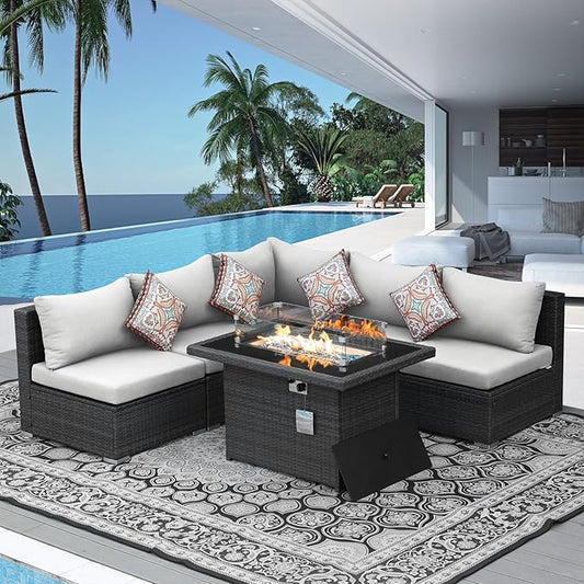 Nicesoul 6 Piece L Shaped Outdoor Patio Set with Firepit Table Natural Gas & Propane Convertible, 29.3'' High-Back Rattan Sectional Sofa, All Weather Deep Seats XL Large Conversation for Outside, Grey