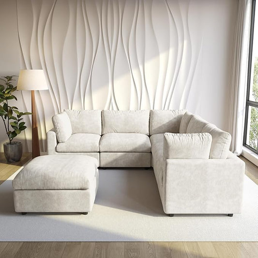 WJShome Cloud Couch Modular Sectional Sofa,100.5" V Shaped Couch, Convertible Wide Seater with Ottoman, 6 Seater for Living Room Set,Covers Washable&Replaceable,Beige