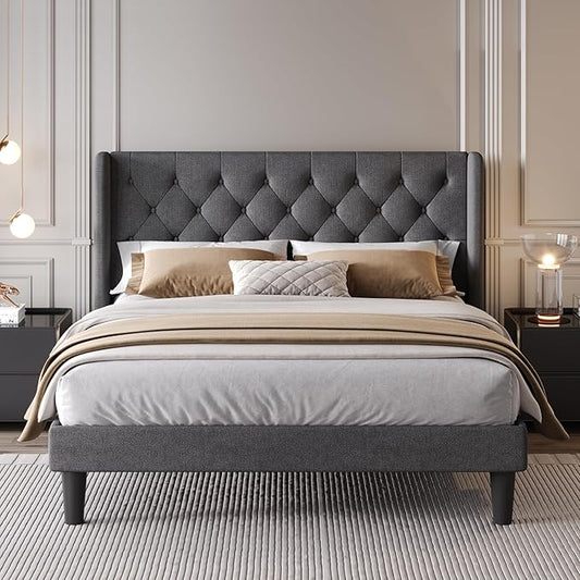 SHA CERLIN Full Size Upholstered Platform Bed Frame with Wingback Headboard, Tufted Linen Fabric, Wooden Slats Support, Easy Assembly, No Box Spring Needed, Dark Grey