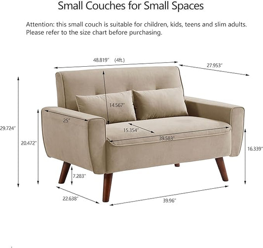 48.8" Small Loveseat Sofa, Mid Century Modern Love Seat Couch with Back Cushions and Plastic Legs, 2 Seater Couches for Living Room, Bedroom, Small Spaces, Beige