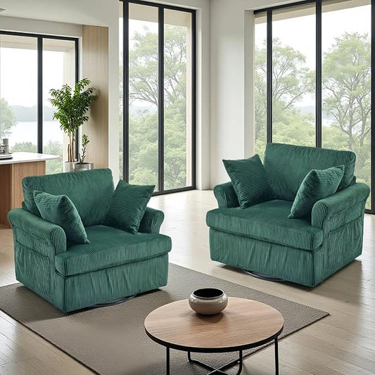 Karl home Swivel Accent Chair Set of 2, 39" Oversized Armchair W/2 Pillows and 4 Pockets,Modern Corduroy Barrel Chairs,Comfy Single Sofa for Living Room,Reading,Bedroom and Office-Dark Green
