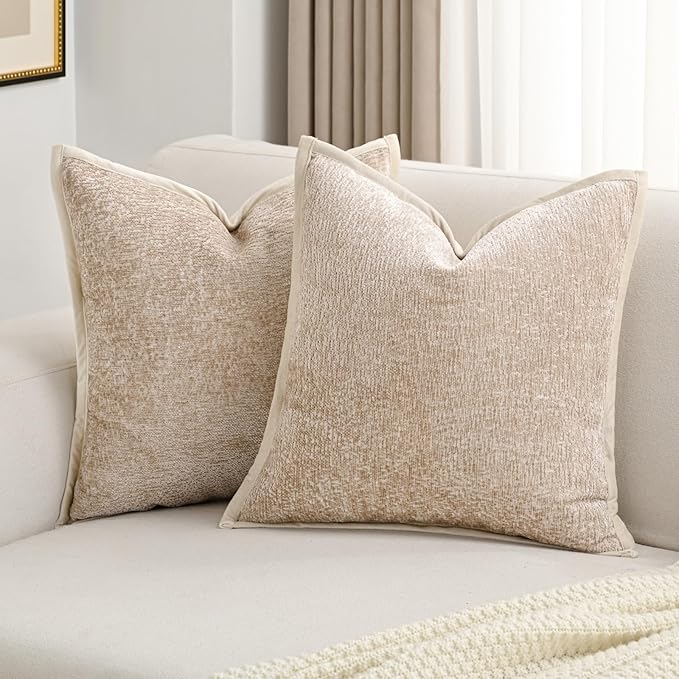 FUTEI Oatmeal Chenille Throw Pillow Covers 24x24 Inch Set of 2,Soft Cozy Bound Edge Design European Cushion Cover,Home Decor for Couch Bed Living Room