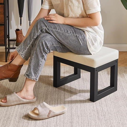 IBUYKE 16 Inch Small Foot Stool Ottoman, Rectangle PU Faux Leather Foot Rest with Padded Seat and Metal Legs, Modern Ottoman Foot Rest for Living Room Bedroom Entryway Couch,White WBD026W