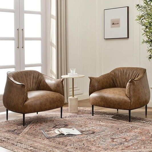 KINWELL 33" W Faux Leather Barrel Chairs Set of 2 with Hand-Tufted Pleated Back Flared Arms, Modern PU Upholstered Accent Chairs with Metal Legs, Large Armchairs Lounge Chairs for Living Room, Coffee
