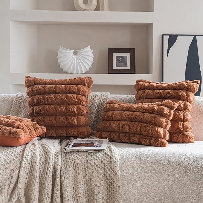 Neelvin Brown Faux Fur Cozy Soft Plaid Decorative Throw Pillow Covers 18x18 inch Set of 2,Velvet Pillowcase Cushion Case for Sofa Couch