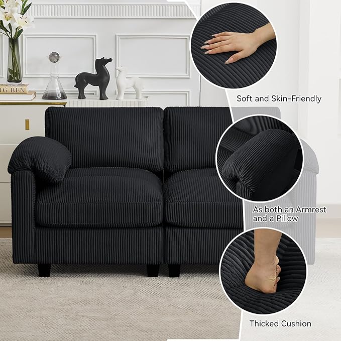 118'' U-Shaped Sectional Couch with 2 Ottoman, Oversized Modular Couches for Living Room, Corduroy Deep Seat Cloud Sofa with Center Stitched, Black