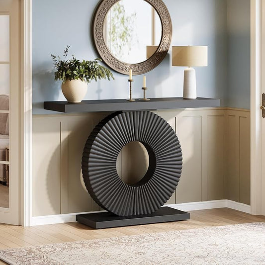 Tribesigns Modern Entryway Console Table, 39 inch Wooden Narrow Sofa Table Behind Couch with Geometric Base, Contemporary Accent Table for Living Room, Entrance, Hallway, Black
