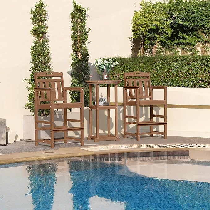 HDPE Outdoor Patio Tall Adirondack Bar Chairs Set of 2, All-Weather Bar Height Balcony Adirondack Stools for Bistro, Garden, Backyard, Pool, Deck | Teak