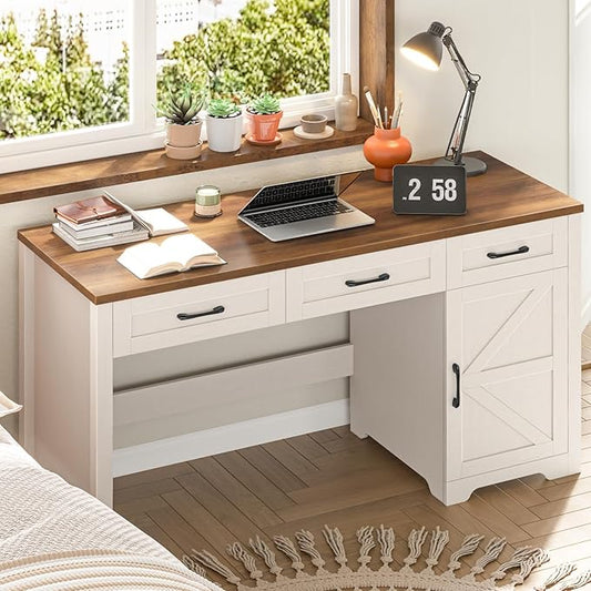 Vabches Farmhouse 59" Executive Desk,Computer Desk with 3 Drawers and Storage Cabinet,Home Office Desk for Work and Study