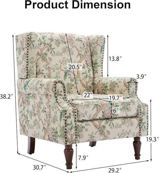 Pia Ricco High Back Floral Accent Chair - Retro Wingback Upholstered Armchair with Nailhead Trim, Solid Wood Legs, Fabric Living Room Bedroom Home Office Reading Chair (Bird Pattern)