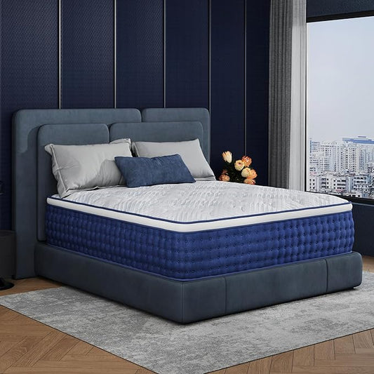 King Size Mattress, 10 Inch Hybrid Mattress King Size, Medium Feel Foam and Individual Pocket Springs, Extra Edge Support, Pressure Relief, CertiPUR-US, Blue