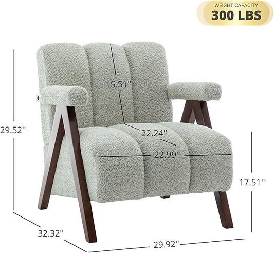 Mid Century Modern Accent Chair with Solid Wood Frame, Boucle Upholstered Living Room Chairs with Thick Cushion, Comfy Tufted Arm Chair for Bedroom, Sage