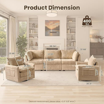 98" Modular Sectional Sofa with Swivel Chairs, Modern Cloud Couch Plush Corduroy 3 Seater Deep Seat Sofas Set & Accent Armchair Set of 2 for Living Room, Beige
