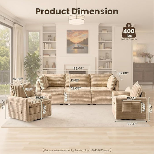 98" Modular Sectional Sofa with Swivel Chairs, Modern Cloud Couch Plush Corduroy 3 Seater Deep Seat Sofas Set & Accent Armchair Set of 2 for Living Room, Beige