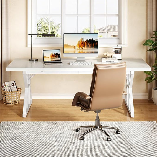 LITTLE TREE 70.8-Inch Large Executive Desk, Extra Long Computer Office Desk Workstation, Modern Simple Style Laptop Table, Sturdy Wooden Writing Workstation for Home White