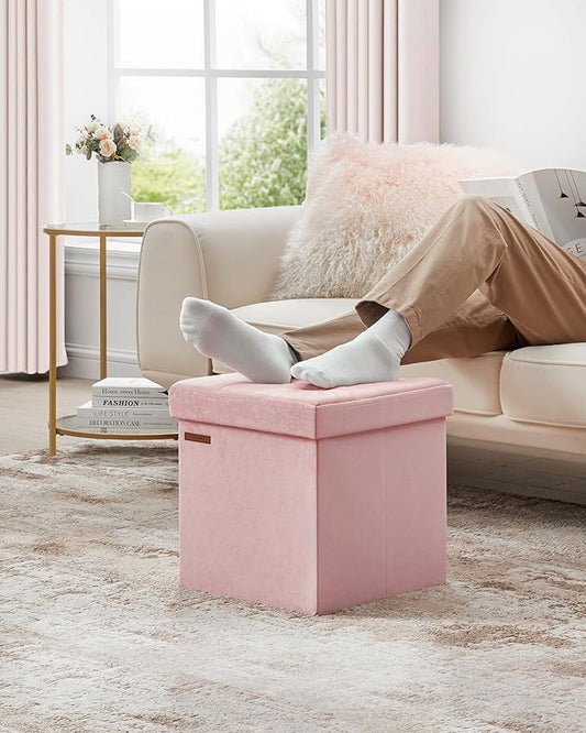SONGMICS Small Storage Ottoman, Folding Ottoman Cube, 15 x 15 x 15 Inches, Footstool, Footrest, 11 Gal. (43 L), Velvet Surface, for Bedroom, Living Room, Dorm, Jelly Pink ULSF227R01