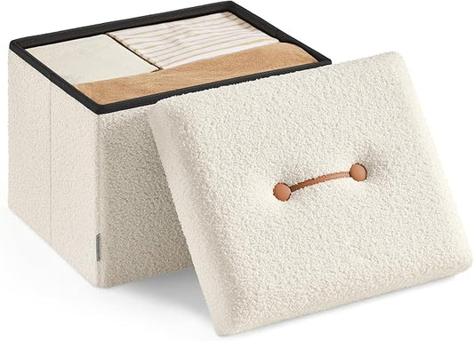 SONGMICS Small Folding Storage Ottoman, Foot Rest Stool, 12.2 x 16.1 x 12.2 Inches, Ottoman with Storage, Load up to 286 lb, for Living Room, Bedroom, Dorm, Cream White ULSF094W01