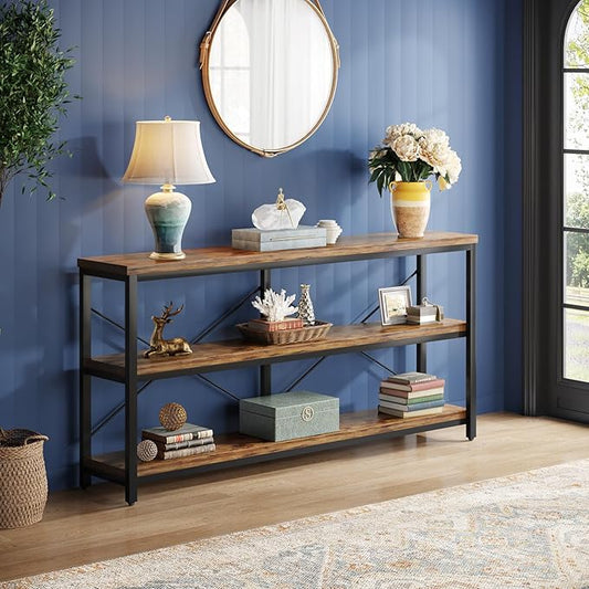 Tribesigns 55-Inch Industrial Sofa Table, 3-Tier Console Table with Metal Frame and Open Shelves, Modern Decorative Shelf, Open TV Shelf for Living Room, Entryway, Hallyway (Brown and Black)