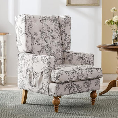 DUOMAY Tufted Accent Chair Set of 2, Modern Linen Upholstered Wingback Side Arm Chair for Living Room Bedroom with Wood Legs, Comfy Reading Guest Chair for Office, Beige Flower Pattern
