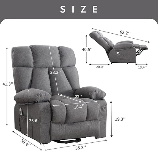 Oversized Power Lift Recliner Chair for Elderly, Big and Tall Lift Chair with Massage and Heat for Living Room, Fabric Electric Recliner Chairs with 4 Side Pockets, USB Charge Port,Grey