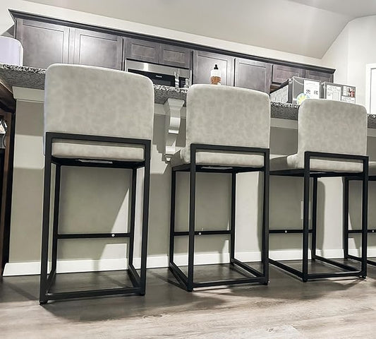 ALPHA HOME 24 Inch Bar Stools Set of 3, Kitchen Counter Stools with Backs, PU Leather Barstools, Kitchen Stools with Back&Upholstered Footrest, Sturdy Chromed Metal Steel Frame, Light Gray