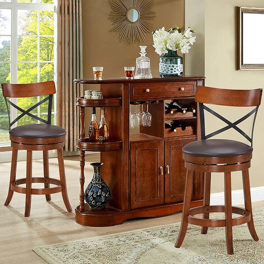 COSTWAY Bar Stool Set of 4, 360-Degree Swivel Solid Wood Stools with Soft Cushion & Backrest, 25”Height Kitchen Counter Bar Stools for Kitchen Island, Pub, and Restaurant (4, 25 inch)