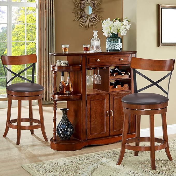 COSTWAY Bar Stool Set of 2, 360-Degree Swivel Solid Wood Stools with Soft Cushion & Backrest, 25”Height Kitchen Counter Bar Stools for Kitchen Island, Pub, and Restaurant (2, 25 inch)