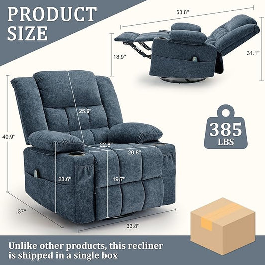 Adult 360° Swivel Rocking Recliner, Nursery Glider Lounger with Massage and Heating, Rocking Chair with Cup Holder, Living Room and Bedroom Manual Chair (Fabric, Blue)
