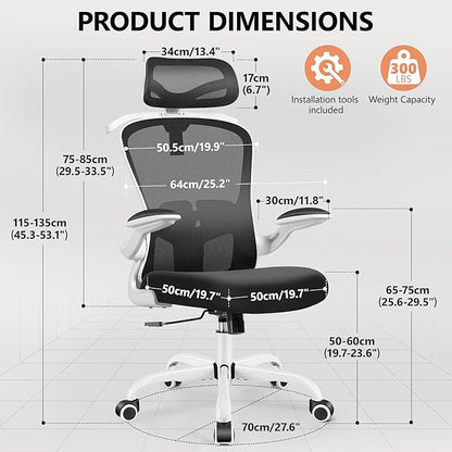 FelixKing Office Chair with Headrest, Ergonomic Desk Chair with Wheels, Task Swivel Comfy Chair with Adjustable Lumbar Support, Breathable Mesh Computer Chair with flip-up Armrests for Home (White)