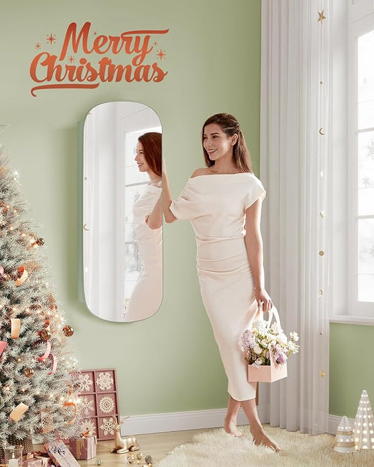 SONGMICS Jewelry Organizer, LED Jewelry Cabinet Wall/Door Mounted, Lockable Rounded Wide Mirror with Storage, Christmas Gift 3.9 x 16.5 x 42.5 Inches, Laurel Green Surface with Cream White Lining