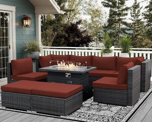 NICESOUL 9 Piece Extra Large Outdoor Patio Furniture Set with Firepit Table Natural Gas/Propane, 29.3'' High Back Gray Wicker Sectional Sofa, Deep Sitting Conversation,2 Color Cushion Burgundy & Gray