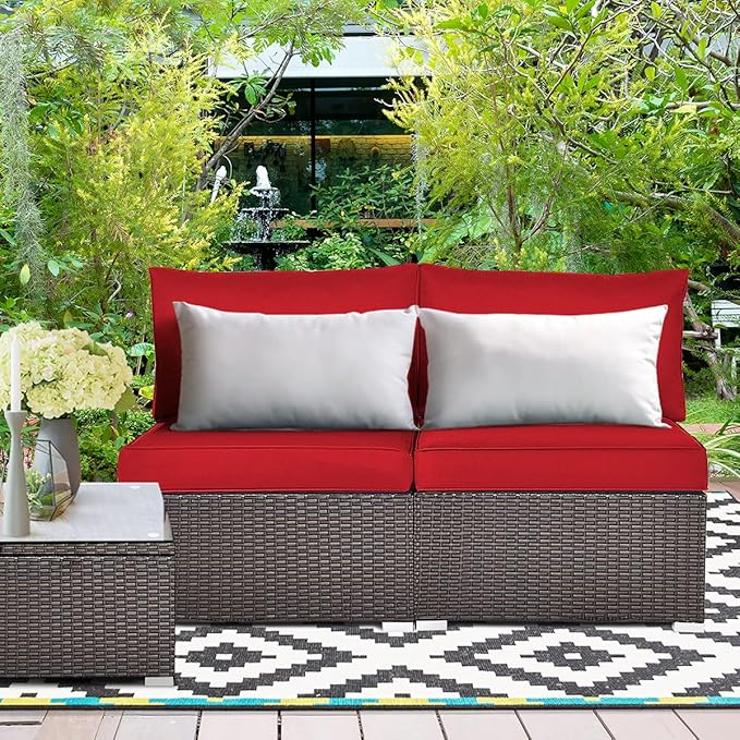 COSTWAY 2PCS PE Rattan Armless Sofa, Wicker Patio Conversation Set Chairs with Soft Cushion, Outdoor Sectional Furniture for Yard, Poolside (Red)