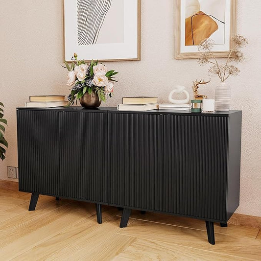 Modern Sideboard Buffet Cabinet Console Table, Accent Storage Cabinets Credenza Buffer Cabinet with 4 Fluted Doors for Kitchen Dining Living Room Entryway(Black)