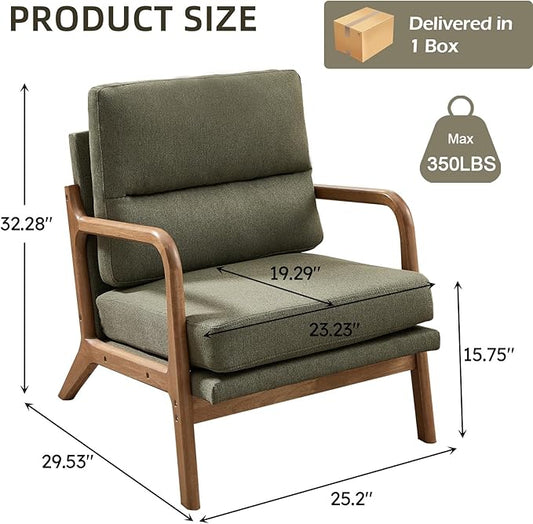 Mid Century Modern Accent Chair, Linen Fabric Upholstered Lounge Arm Chair with Solid Wood Frame and Soft Cushion for Living Room, Bedroom, Balcony (1, Green)