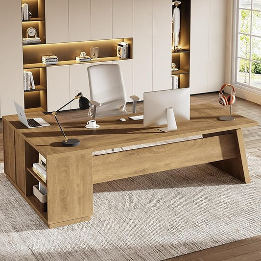 Tribesigns 78" L-Shaped Executive Desk, Large Modern Office Desk with Drawers and Lateral File Cabinet, Business Furniture with Storage Shelves, Big Computer Table for Home Office (Brown)
