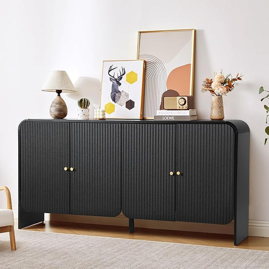 59” Large Buffets Sideboard Cabinet with Storage, Fluted Curved Credenza Buffet Table Storage Cabinet with 4 Doors, Modern Wood Accent Console Table Coffee Bar for Living Room Kitchen Hallway, Black