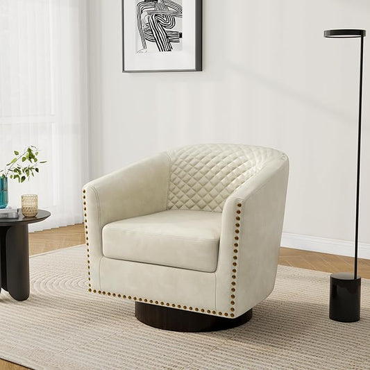 Pia Ricco Faux Leather Swivel Barrel Accent Chairs, 360° Swivel Round Single Sofa Chair, Comfy Upholstered Club Armchair with Nailhead Trim for Living Room/Reading Room/Bedroom,Beige