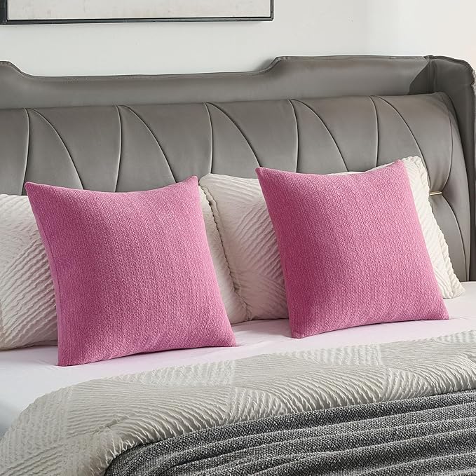 FUTEI Hot Pink Chenille Throw Pillow Covers 16x16 Inch Set of 2,Soft Striped & Diamond Textured Cushion Cases,Modern Home Decor for Couch Living Room