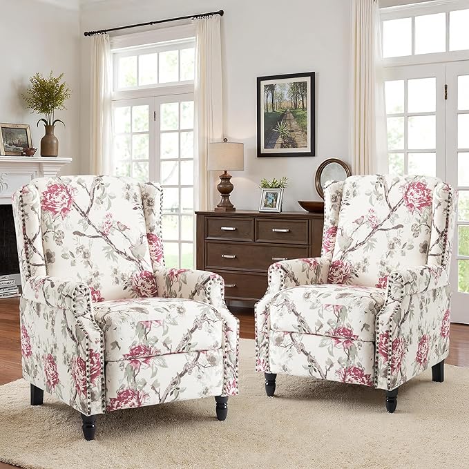 Recliner Chair, Upholstered Wingback Floral Pushback Armchair with Adjustable Backrest & Footrest, Comfy Accent Chair for Small Spaces, Living Room, Bedroom (Plants Floral, Set of 2)