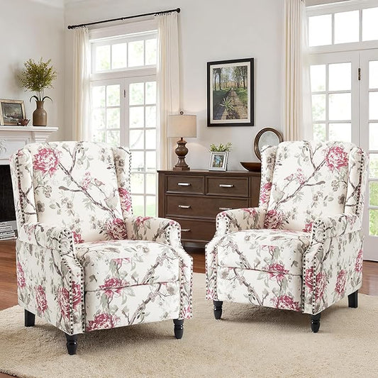 Recliner Chair, Upholstered Wingback Floral Pushback Armchair with Adjustable Backrest & Footrest, Comfy Accent Chair for Small Spaces, Living Room, Bedroom (Plants Floral, Set of 2)
