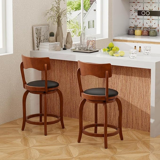 COSTWAY Bar Stools Set of 2, 24 Inch Swivel Counter Height Chairs with Rubber Wood Frame, Upholstered Seat, High Back Barstools for Kitchen Island, Home Bar, Pub, Brown (2, Seat Height: 24”)