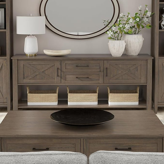 SIMPLIHOME Ela Console Table - 48 Inch Wide Solid Wood Sofa Table in Smoky Brown, Transitional Storage for Entryway or Living Room with 2 Drawers, 2 Cabinets, Open Shelf, and X-Panel Doors