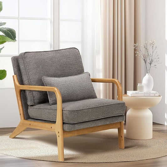 Modern Accent Chair with Lumbar Pillow, Relaxing Mid Century Chair Armchair with Solid Wood Frame & Soft Cushion, Reading Leisure Armchair for Living Room, Grey