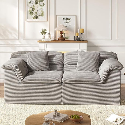 88" Sofa with Deep Seats Oversize, 3 Seater Cloud Couches, Upholstered Corduroy Couch for Living Room Bedroom, No Assembly Required, Light Gray