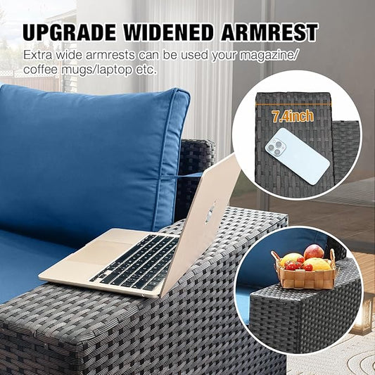 8 Pieces Patio Furniture Set All-Weather Outdoor Wicker Sectional Conversation Sofa Rattan Patio Seating Sofa with Cushion and Glass Table for Porch Poolside,Peacock Blue