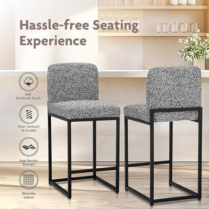 ALPHA HOME 24" Bar Stools Set of 2 Kitchen Counter Stools with Back, Counter Height Stools with Upholstered Footrest for Kitchen Island, Metal Steel Frame, Chenille, Gray
