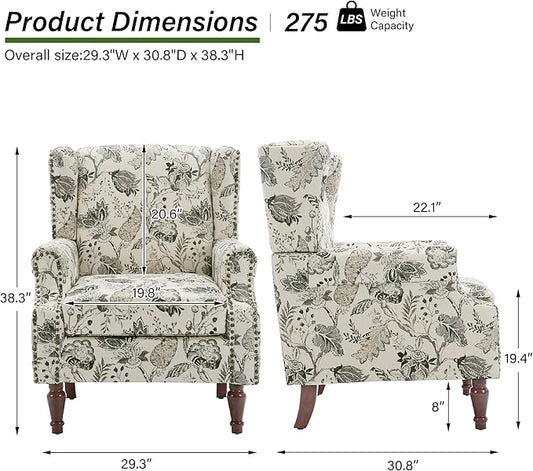 Accent Chair, Upholstered High Back Floral Armchair with Nailhead Trim & Wood Legs, Comfy Wingback Reading Single Sofa Chair for Small Spaces, Living Room, Bedroom ( Plants Beige Floral, Set of 1)
