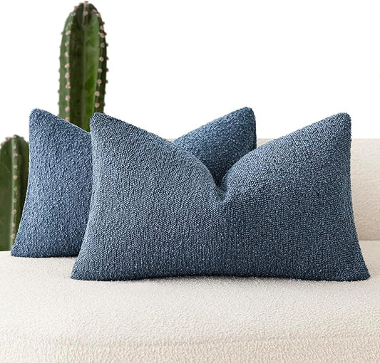 Foindtower Pack of 2 Textured Boucle Throw Pillow Covers Accent Solid Decorative Lumbar Pillow Cases Cozy Couch Cushion Case for Chair Sofa Bedroom Living Room Home Decor 12x20 Inch Dark Blue