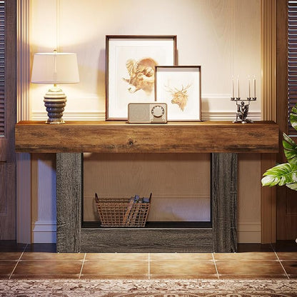 Tribesigns 63" Console Table, Farmhouse 2-Tier Entryway Table with U-Shaped Base, Narrow Long Wood Sofa Table Behind Couch Table for Living Room, Hallway, Foyer, Vintage Brown & Gray