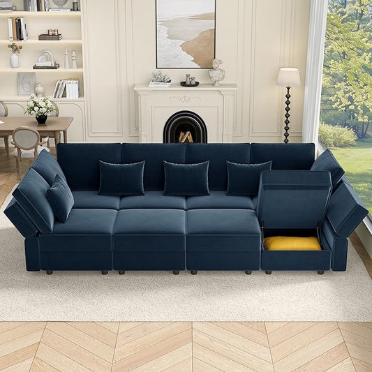 Vesgantti Sectional Sleeper Sofas with Storage, 118" Sofa Bed with 8 Seats Storage Chaises Removeble Cover, Deep Seat Modular Couches Velvet Couch Set for Living Room, Apartment, Home Theatre, Blue